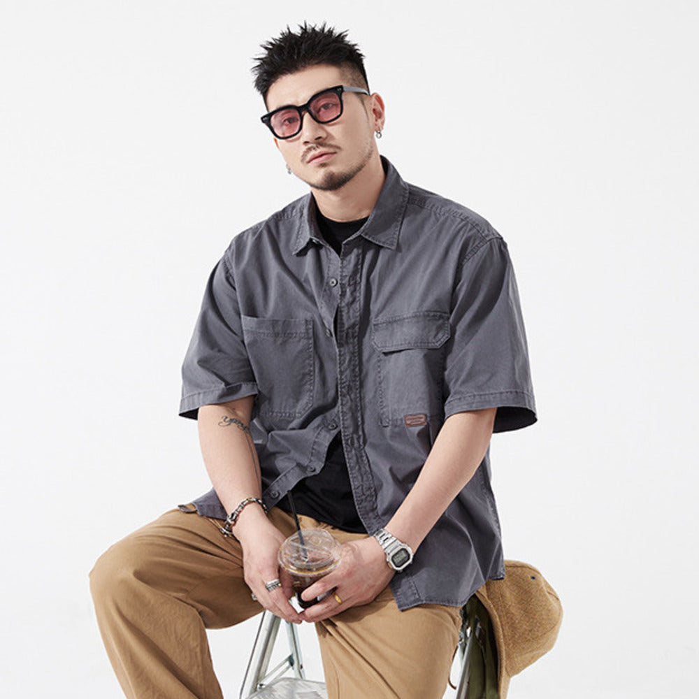 美式復古半袖工裝襯衣夏季戶外硬漢純棉休閑上衣