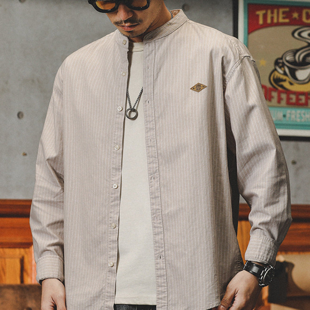 復古條紋襯衫春秋季美式休閑圓領內搭外穿立領襯衣外套