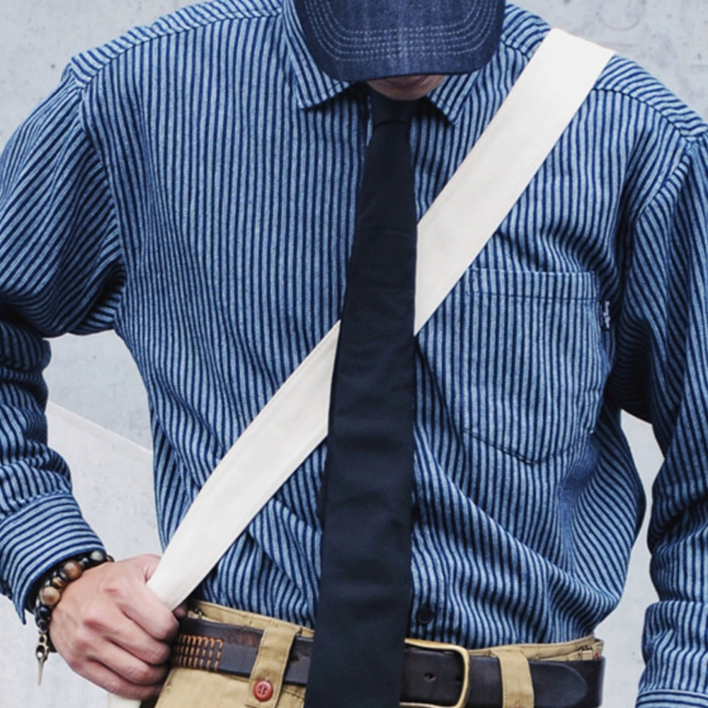 法式工裝藍色條紋襯衫男長袖寸衫春秋季美式寬松休閑襯衣外套
