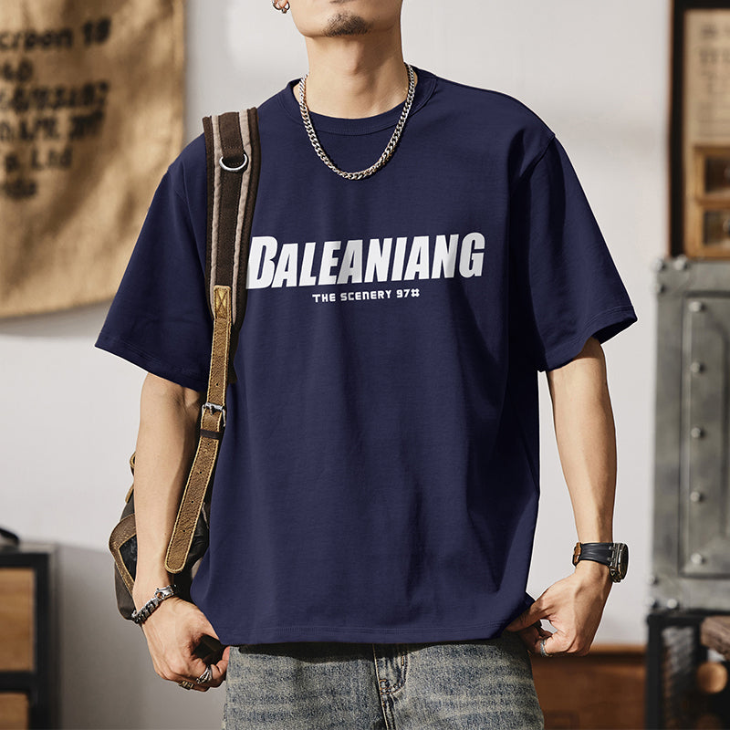 短袖t恤男式夏季美式街頭圓領純棉字母印花半袖體恤