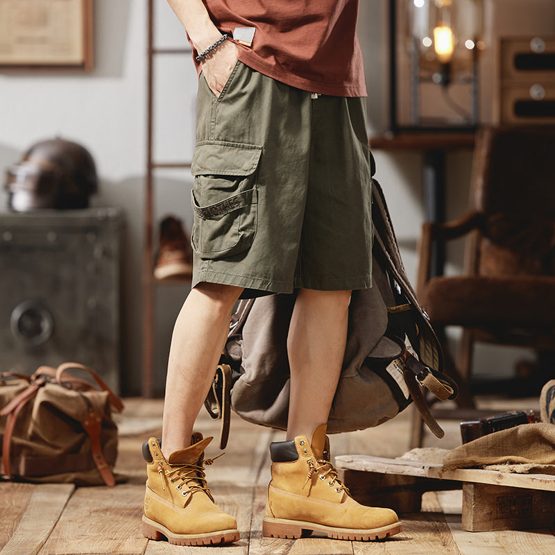 夏季男士口袋大碼休閑抽繩中褲美式純棉五分褲