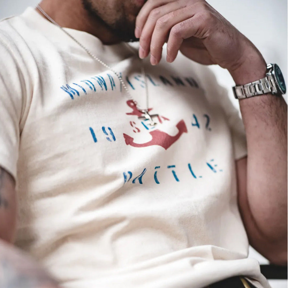 美式復古船錨印花棉籽殼短袖TEE正肩半袖字母圓領T恤