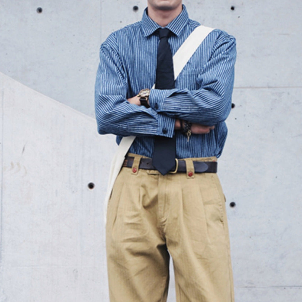 法式工裝藍色條紋襯衫男長袖寸衫春秋季美式寬松休閑襯衣外套