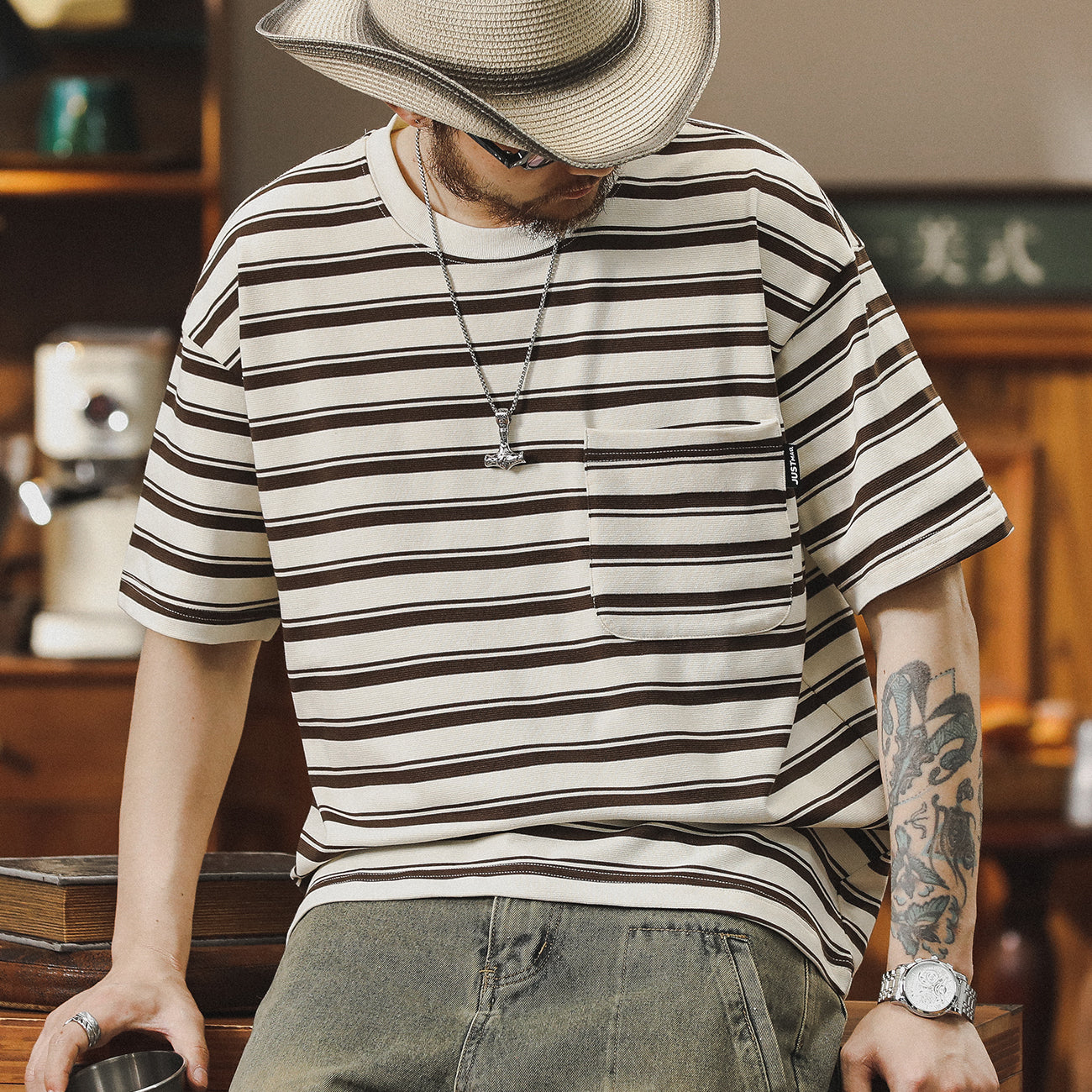夏季新款條紋t恤男短袖寬松圓領五分袖美式復古圓領口袋體恤