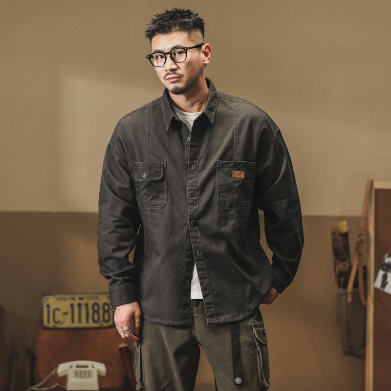 美式復古長袖襯衫春秋季款純棉休閑工裝襯衣外套