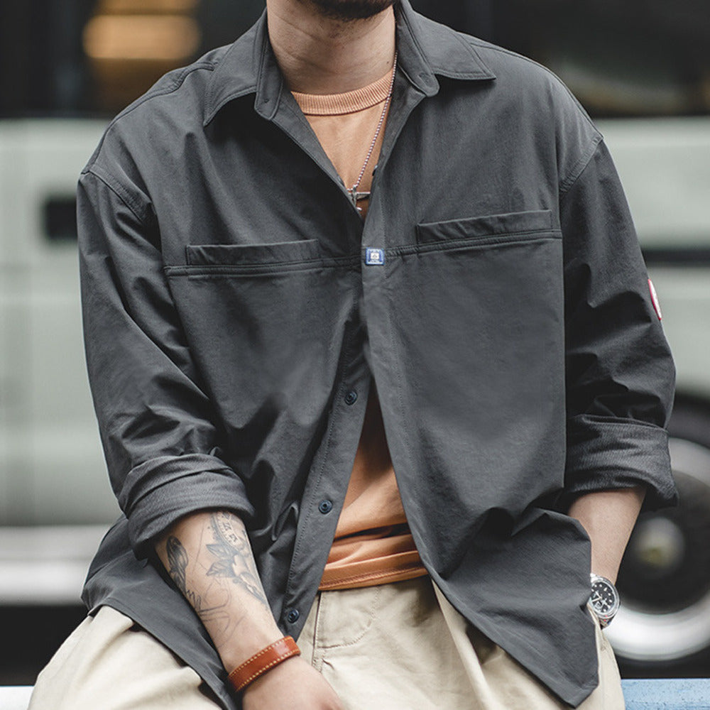 山系深灰口袋襯衫美式休閑寬松長袖襯衣疊穿外套