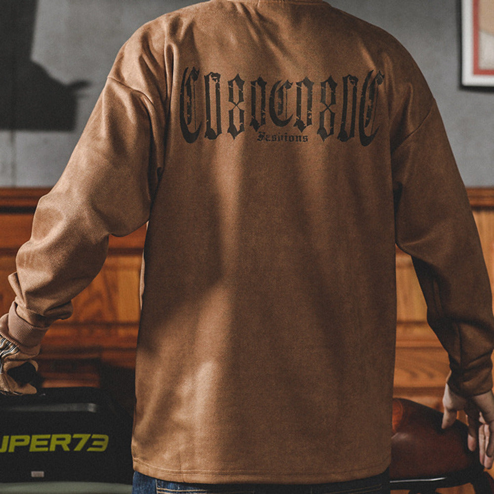 美式復古高級感超好看t恤男士長袖春秋季薄款寬松圓領麂皮絨衛衣