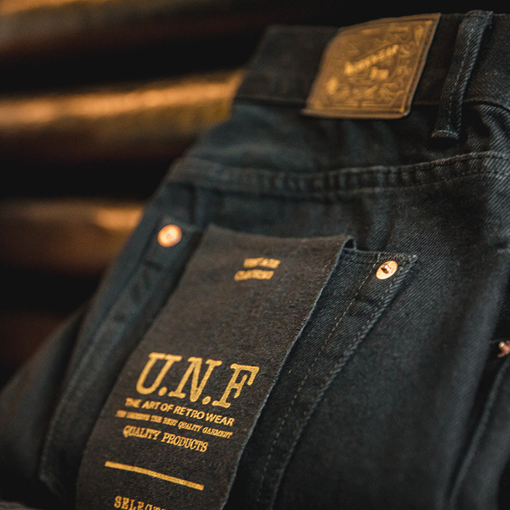 美式復古黑色中腰牛仔褲水洗顯瘦硬漢直筒丹寧長褲