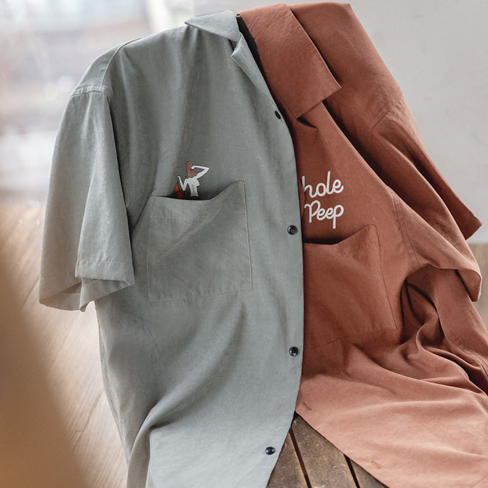 美式復古寬松古巴領短袖襯衫阿美咔叽春夏疊穿V領襯衣