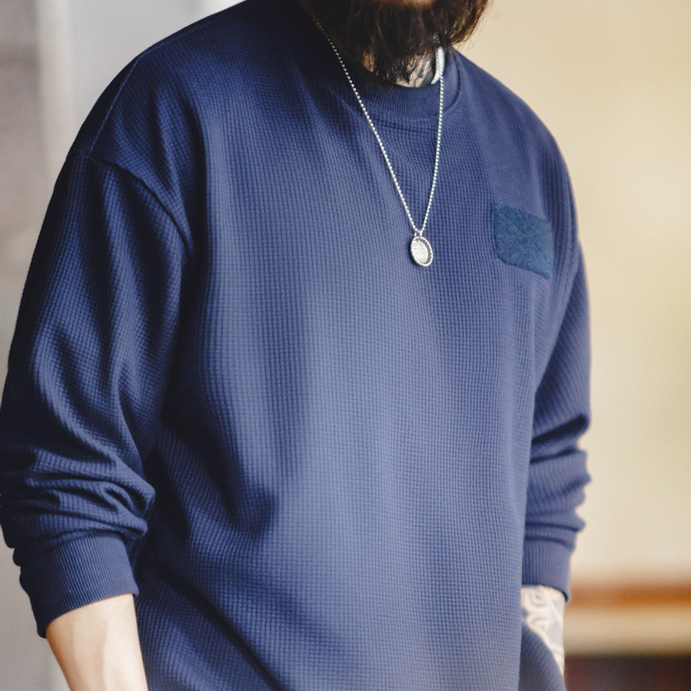 美式休閑華夫格長袖魔術貼疊穿衛衣