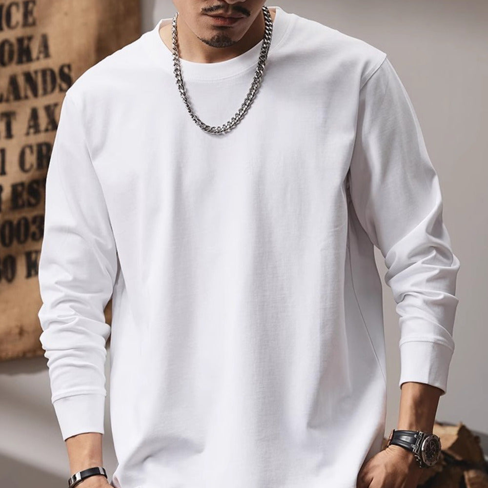 280G雙紗棉長袖t恤男款春秋美式復古衛衣寬松白色打底衫