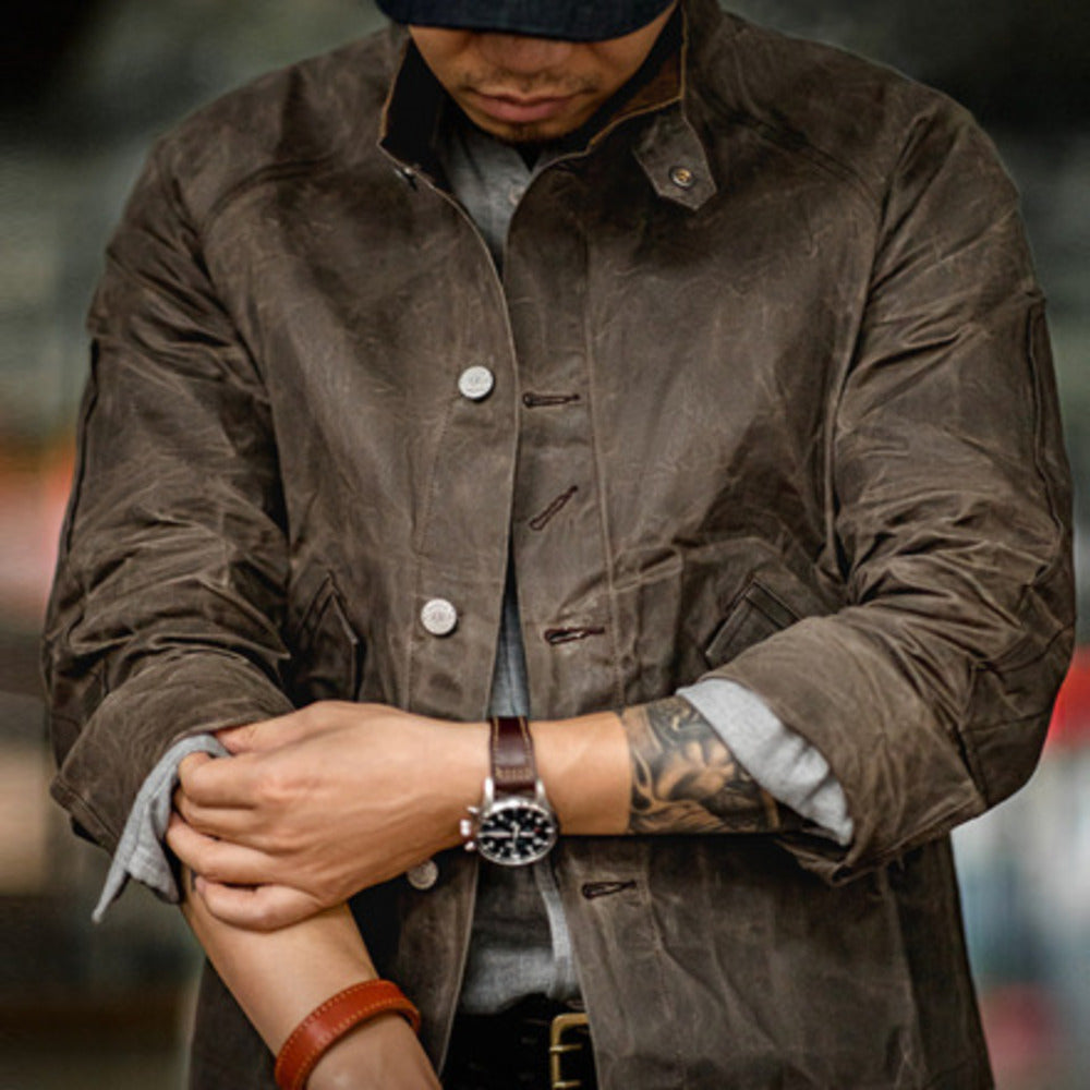 美式復古立領帆布油蠟夾克阿美咔叽硬漢防水獵裝外套