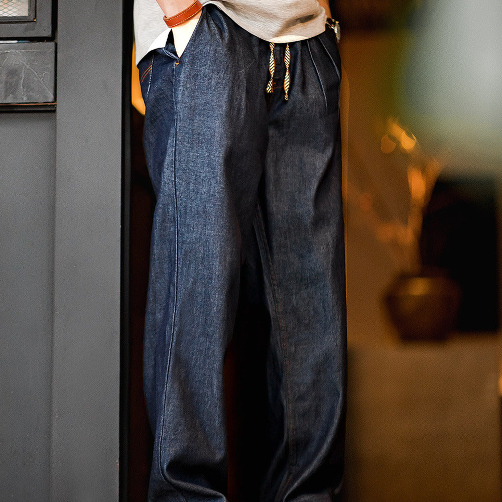 美式休閑冰皮牛仔褲丹寧水洗雙褶毛邊寬松直筒長褲
