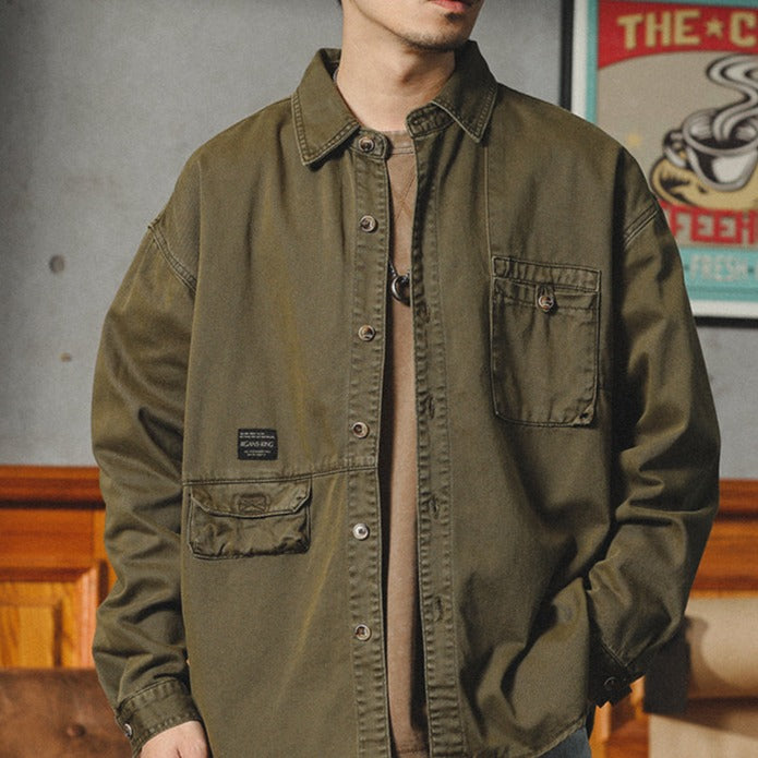 美式復古牛仔襯衫男長袖春季寬松休閑廓形工裝襯衣男寸衫外套