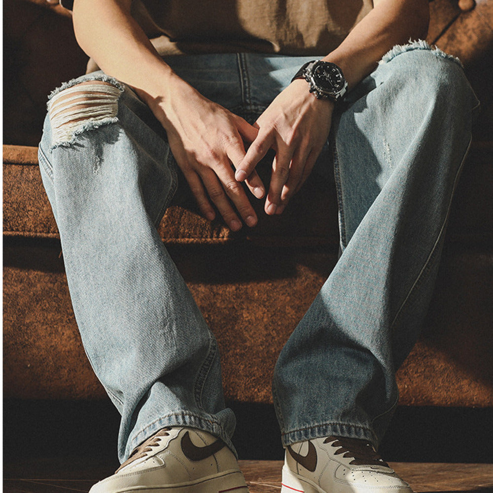 美式淺色破洞牛仔褲男款夏季薄潮牌寬鬆直筒水洗做舊休閒闊腿褲子