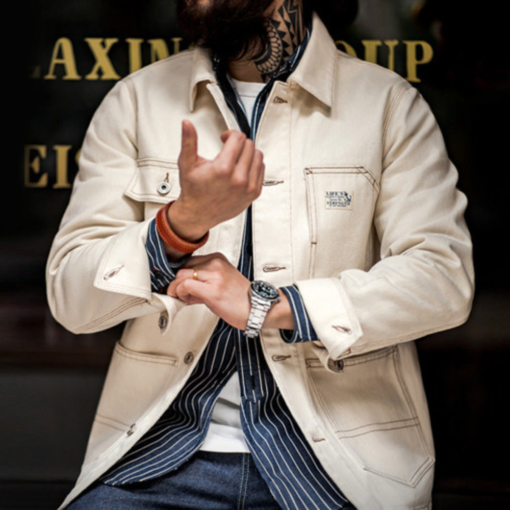 美式復古棉籽殼翻領夾克阿美咔叽多口袋上衣外套男秋