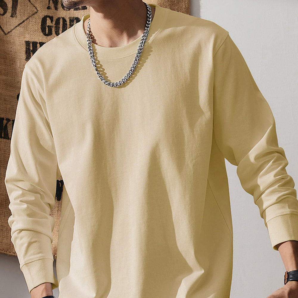 280G雙紗棉長袖t恤男款春秋美式復古衛衣寬松白色打底衫