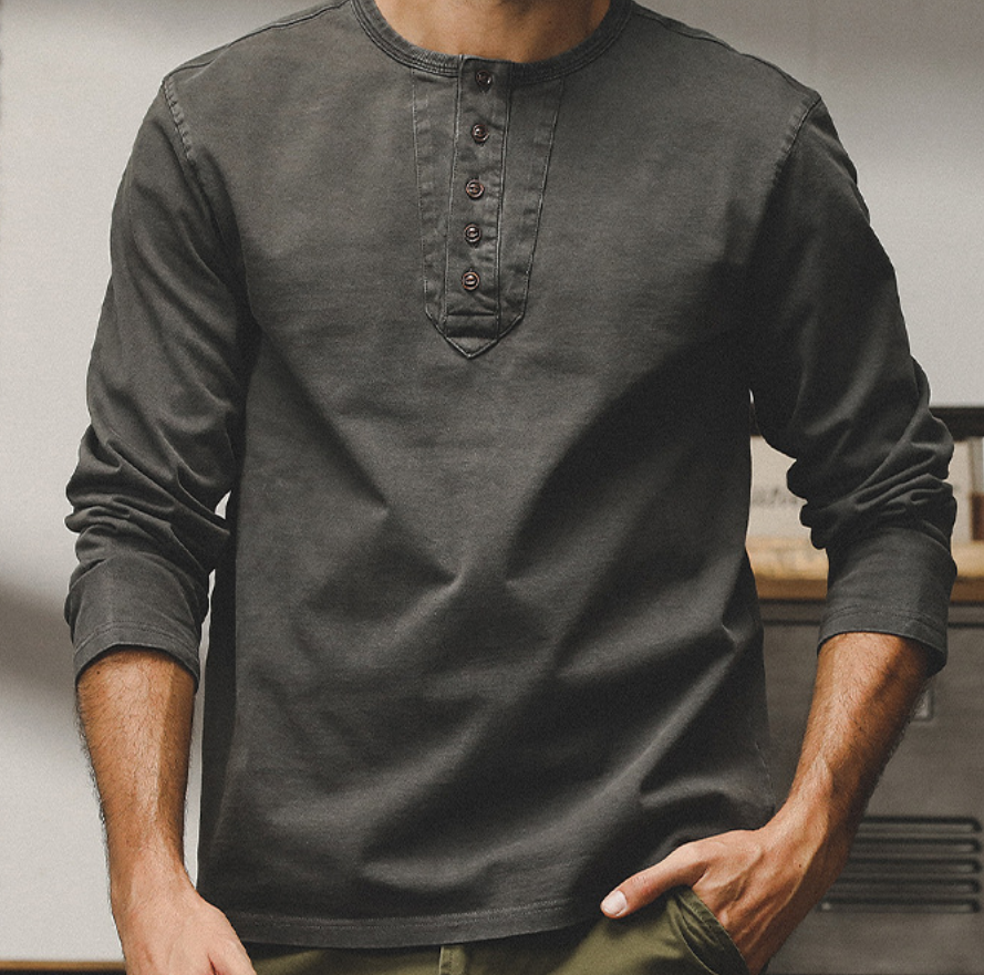 硬漢水洗做舊純棉Polo衫男春秋款休閑美式復古亨利衫長袖T恤