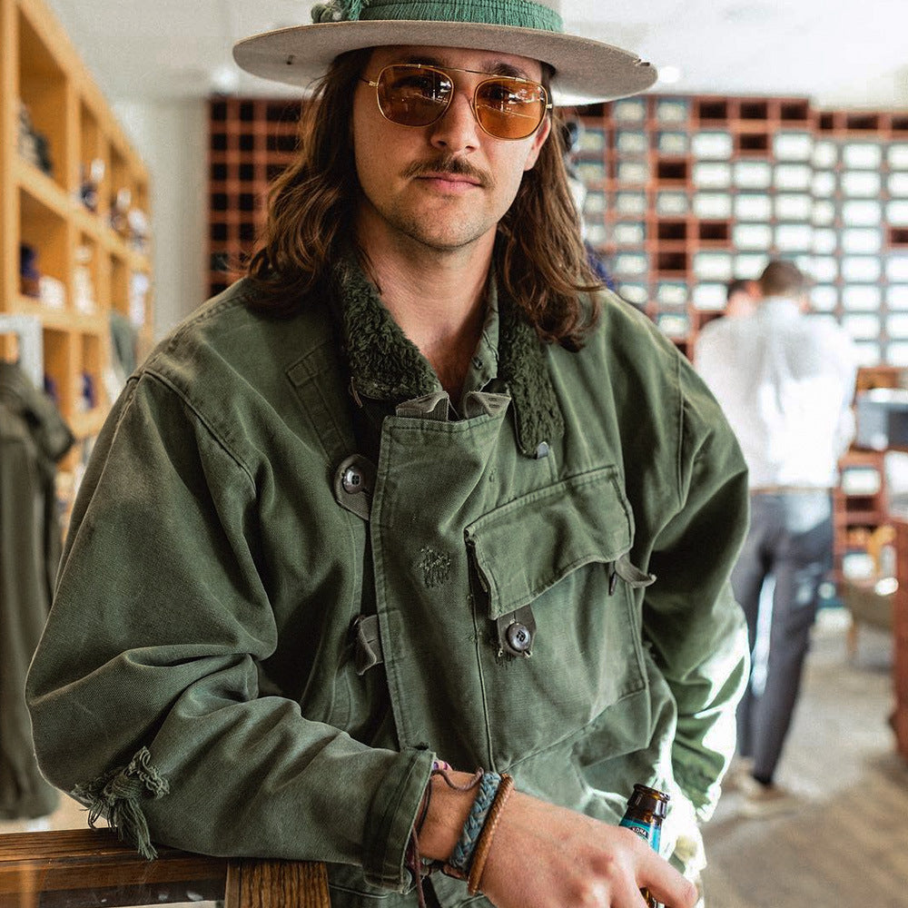 vintage瑞典機車夾克阿美咔叽復古獵裝軍綠色外套