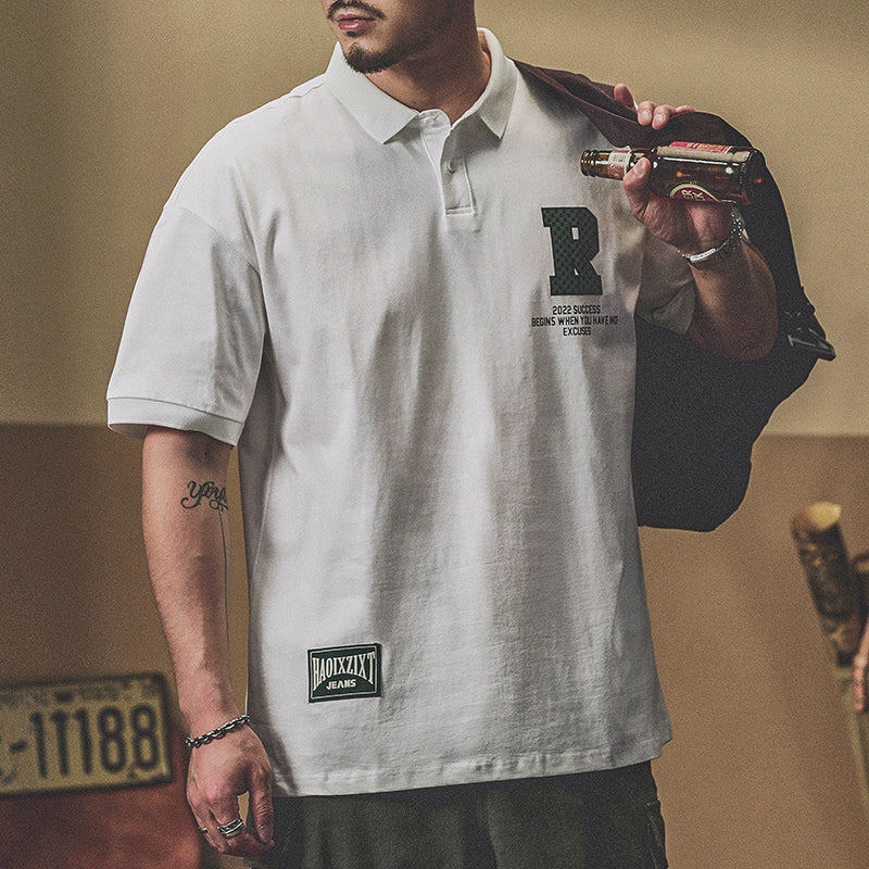 潮牌t恤短袖polo衫美式字母男通勤半袖体恤