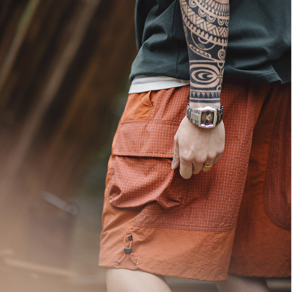 美式復古落日橘直筒短褲多巴胺寬松尼龍五分沙灘褲男夏薄