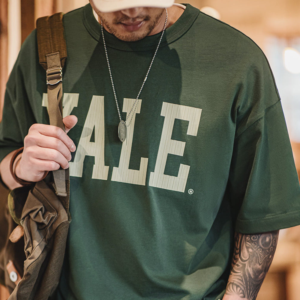 美式撞色字母印花T恤學院風耶魯大學純棉短袖體恤男夏季