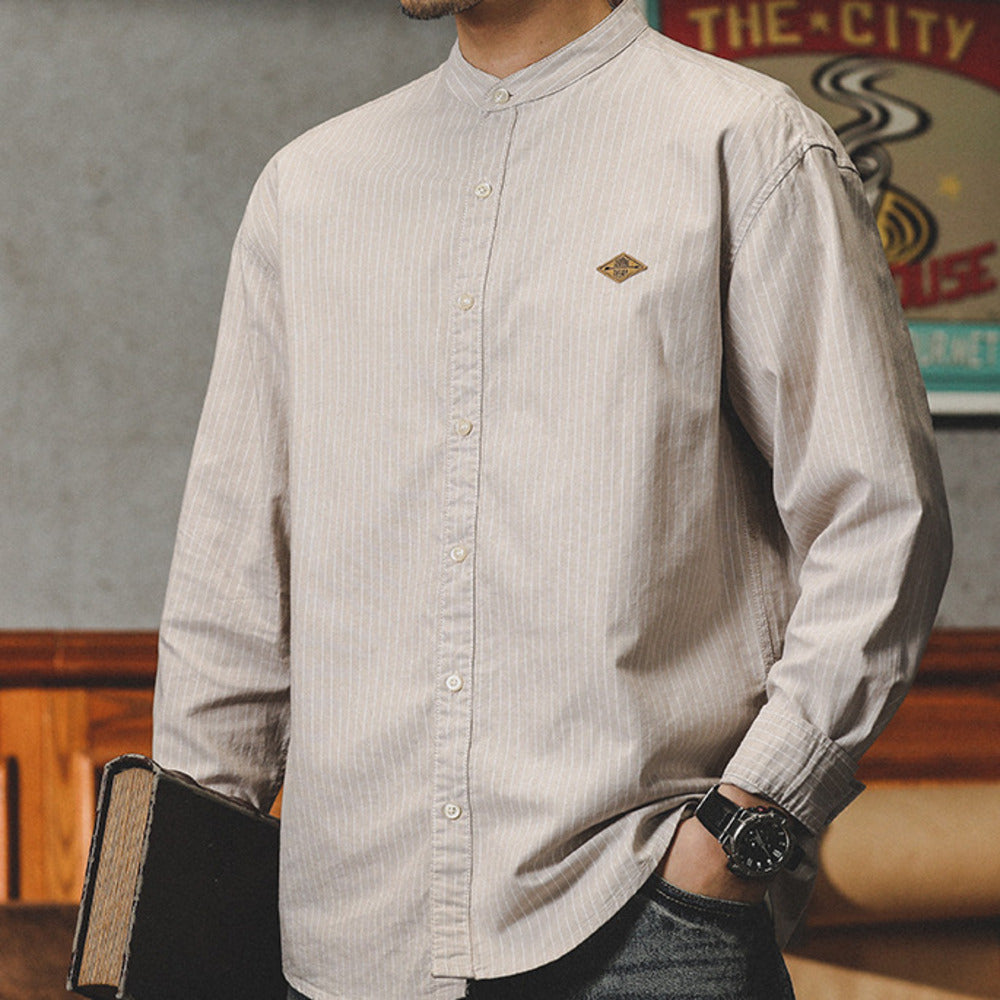 復古條紋襯衫春秋季美式休閑圓領內搭外穿立領襯衣外套