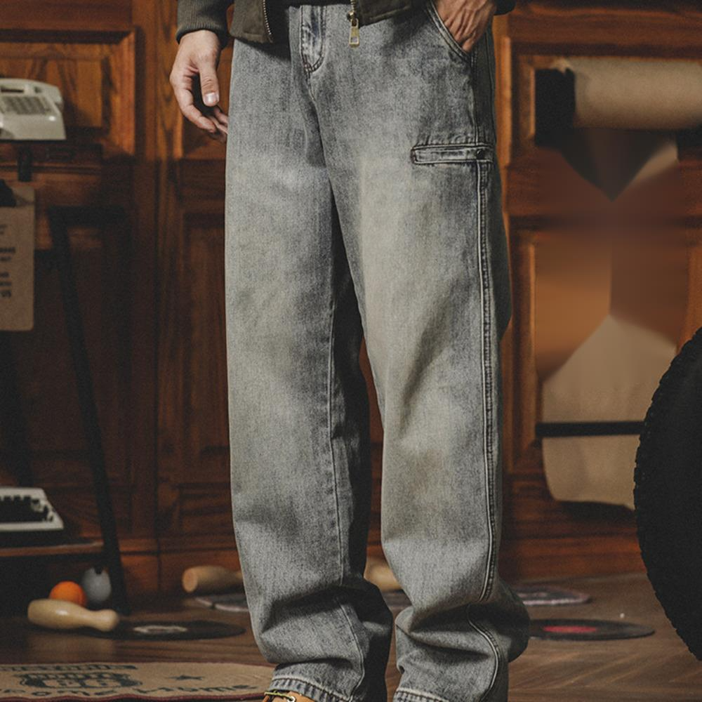 美式黃泥染牛仔褲男水洗做舊直筒寬松大碼闊腿褲休閑工裝褲子