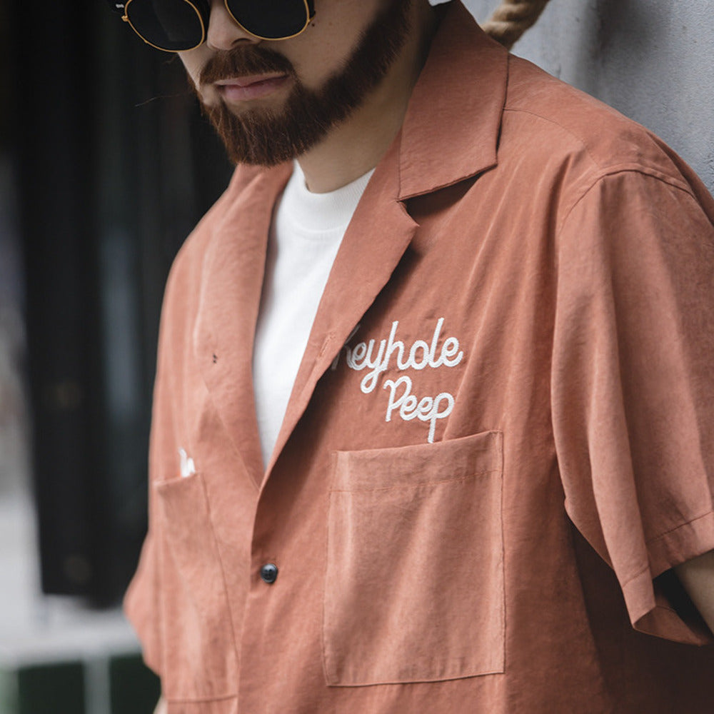 美式復古寬松古巴領短袖襯衫阿美咔叽春夏疊穿V領襯衣