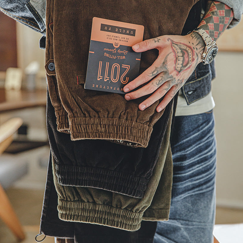 美式復古燈芯絨束腳長褲松緊腰條絨寬松直筒休閑褲