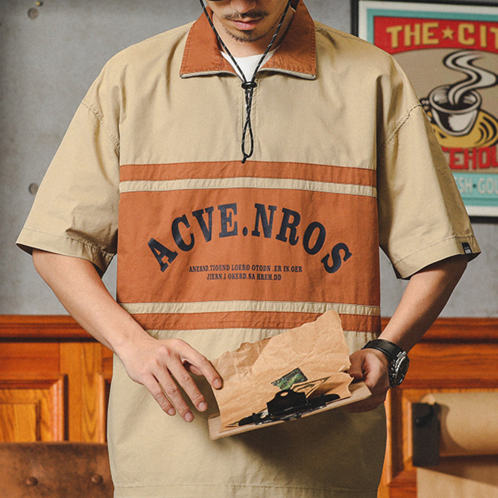 美式復古半拉鏈襯衫男短袖polo衫潮牌寬松休閑襯衣t恤男夏季