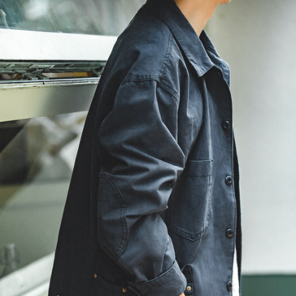 復古法式教練夾克藏青色外套做舊獵裝上衣