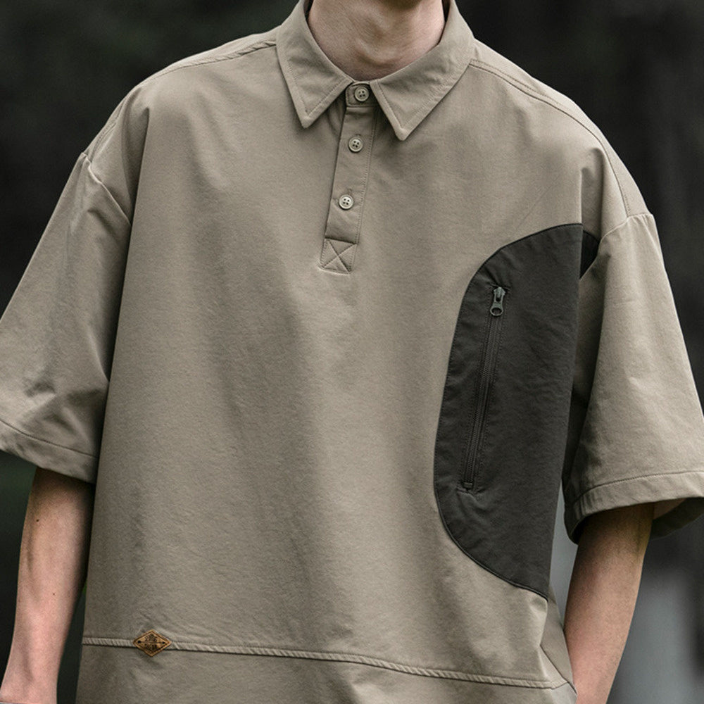 復合拼色短袖襯衫男夏季新款口袋拉鏈寬松套頭襯衣體恤