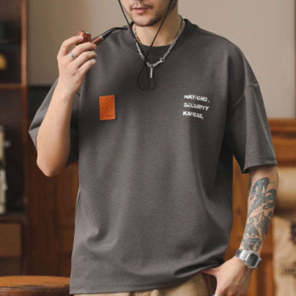 美式280g天絲涼感短袖t恤男皮牌標寬松休閑新款圓領半袖