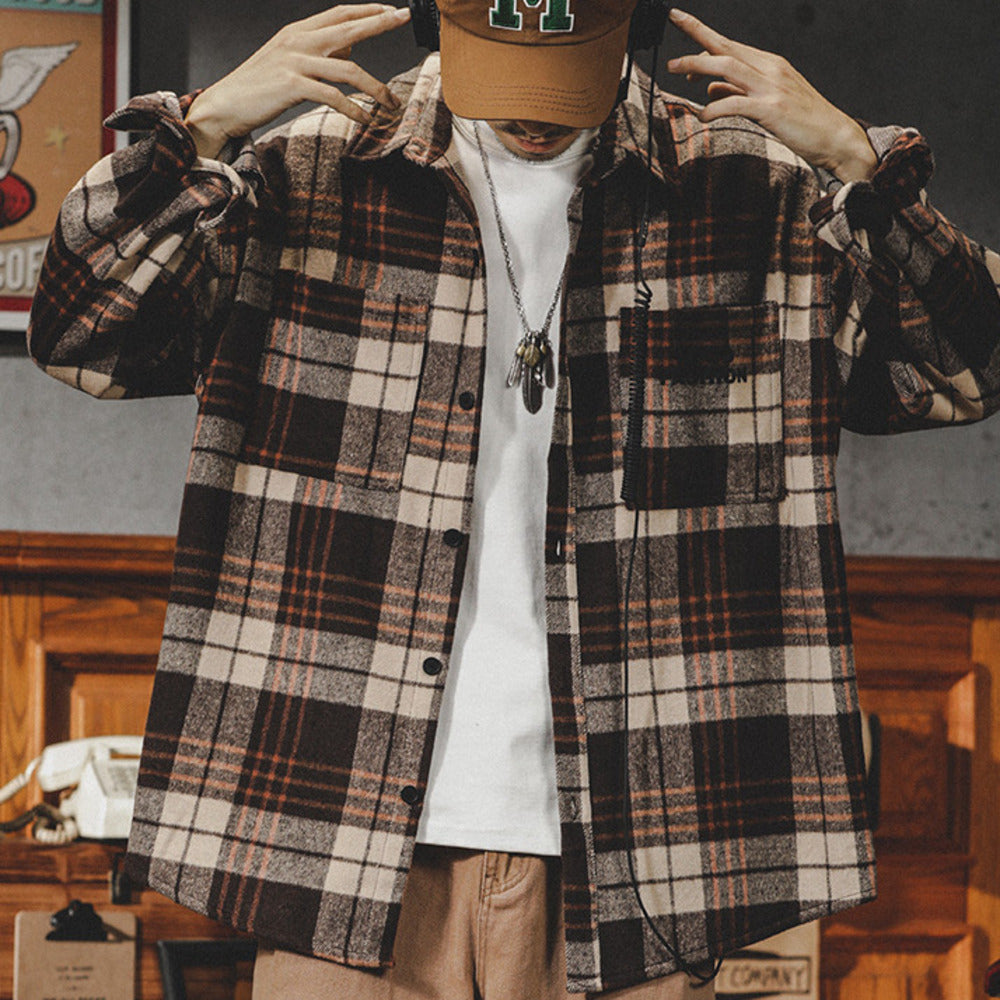 美式復古格子襯衫男士春秋季潮牌寬松休閑秋冬厚款長袖襯衣外套男