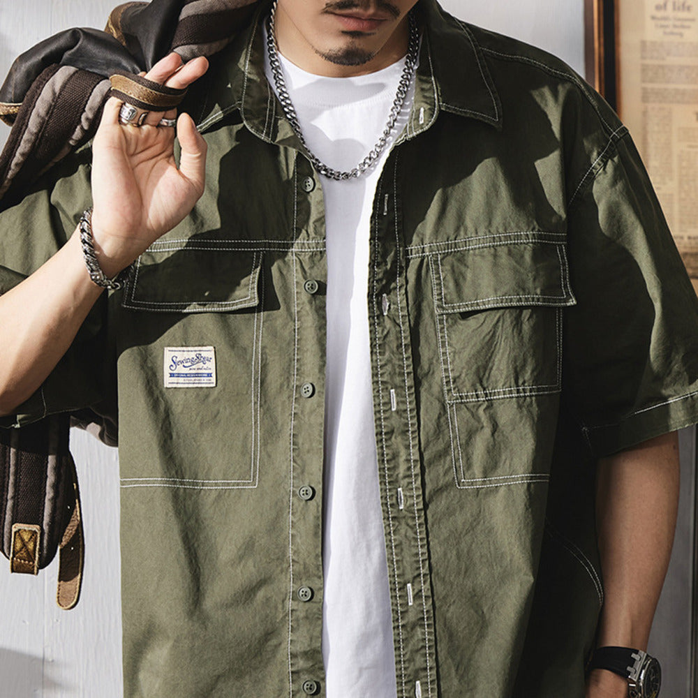 短袖襯衫夏季美式復古明線貼標襯衣潮流純棉大碼工裝外套