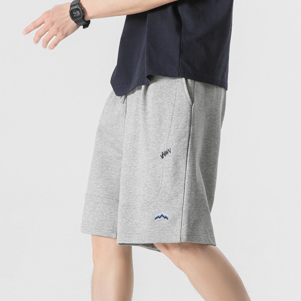 夏季純色拼接刺繡衛褲寬松百搭直筒褲潮流休閑沙灘褲