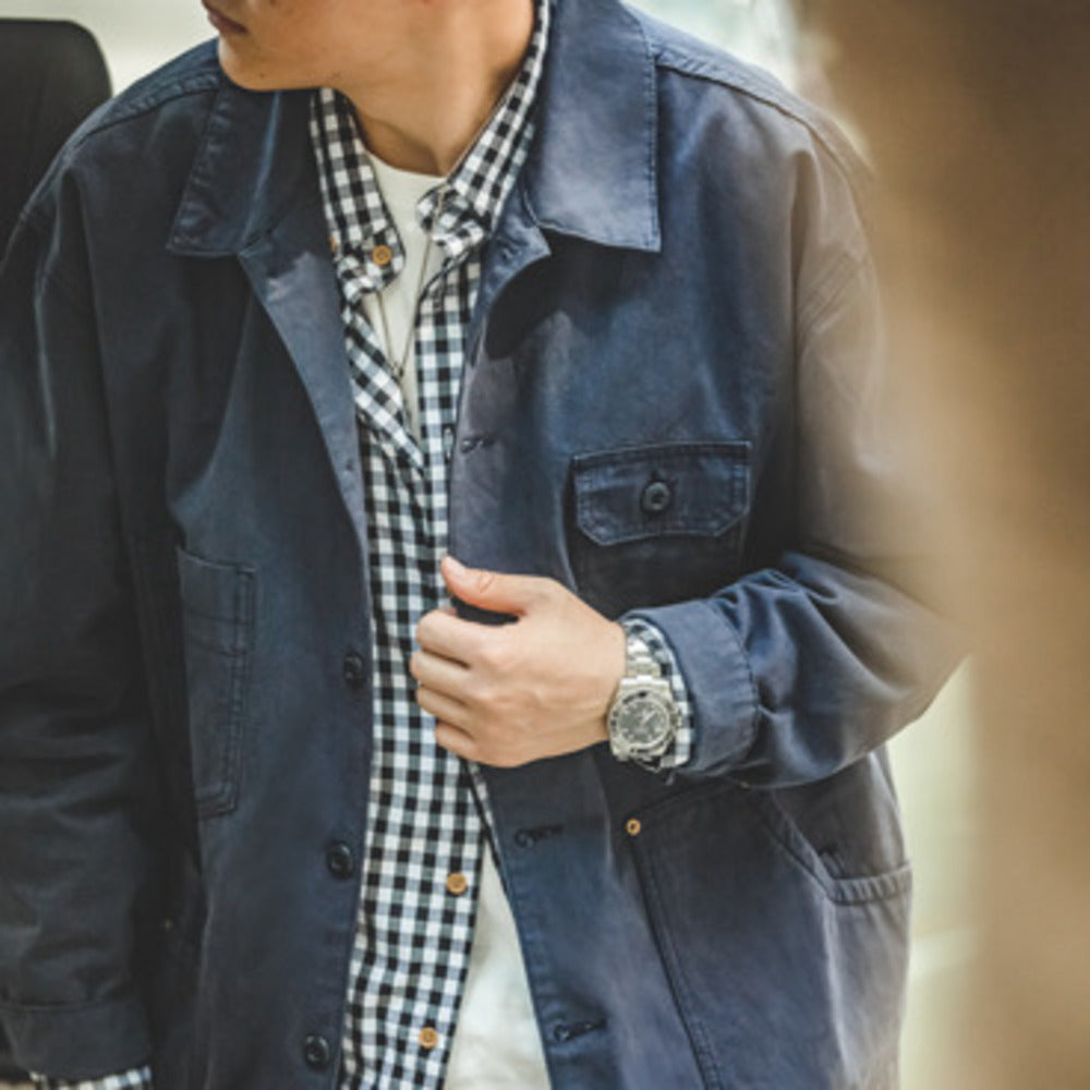 復古法式教練夾克藏青色外套做舊獵裝上衣