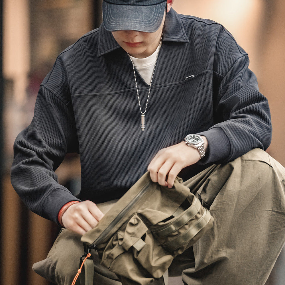 復古華夫格V領polo衫衛衣寬松套頭百搭翻領上衣