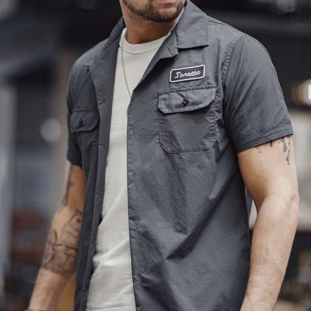 Toretto襯衫美式薄款硬漢短袖襯衣男夏