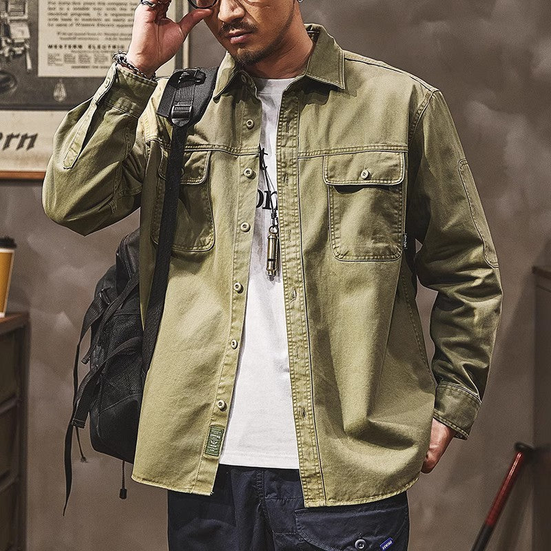 高級感春秋季工裝外套美式復古硬漢襯衣