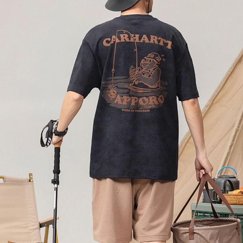 夏季2024新款寬松大碼徒步露營風短袖t恤男潮牌