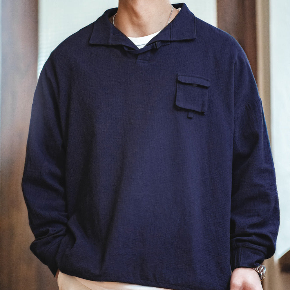 復古肌理感polo衫男士全棉翻領襯衫廓形寬松長袖
