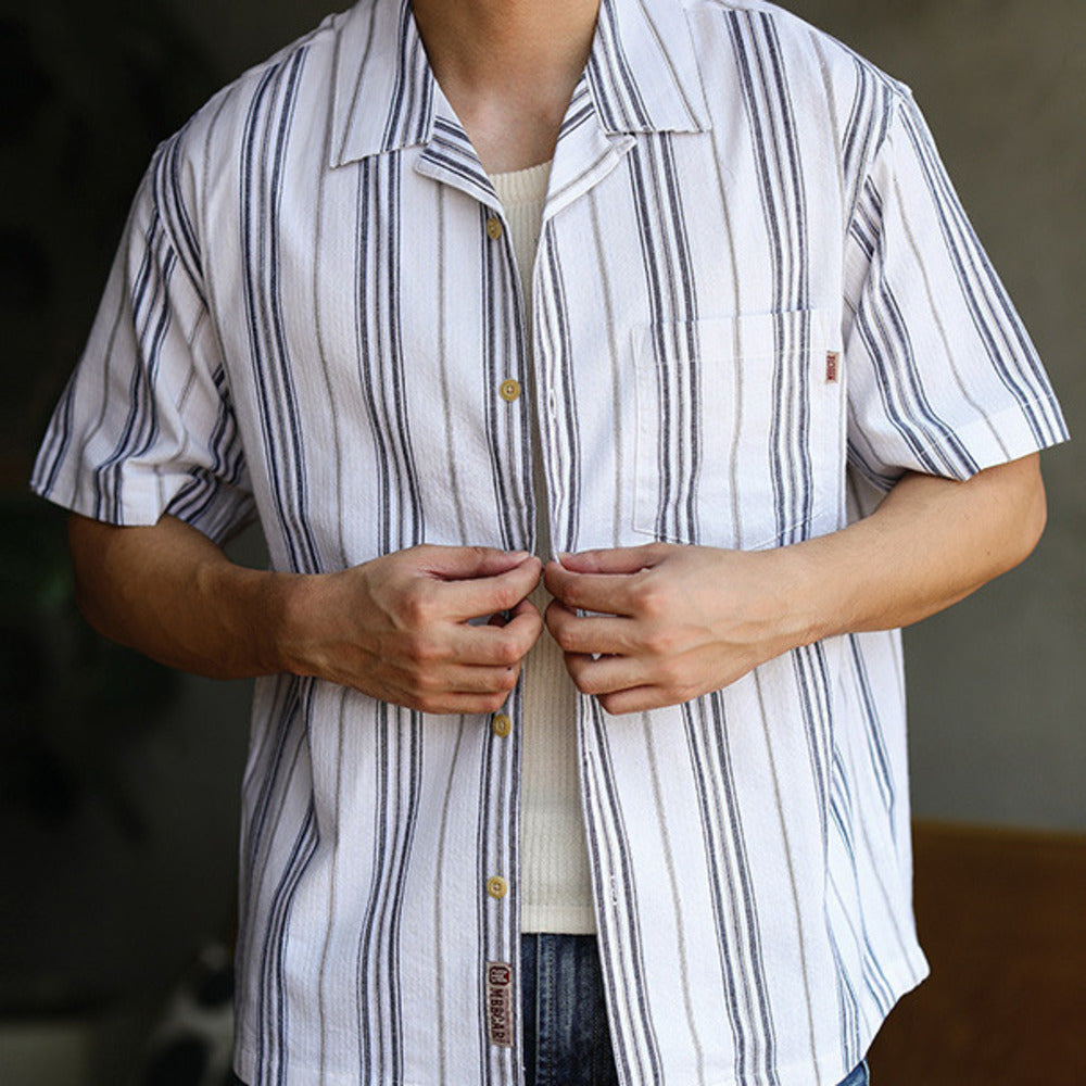 高端夏日清爽條紋古巴領短袖襯衫美式休閑夏威夷襯衣男