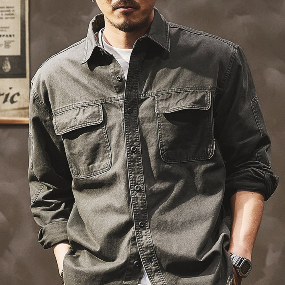 高級感春秋季工裝外套美式復古硬漢襯衣