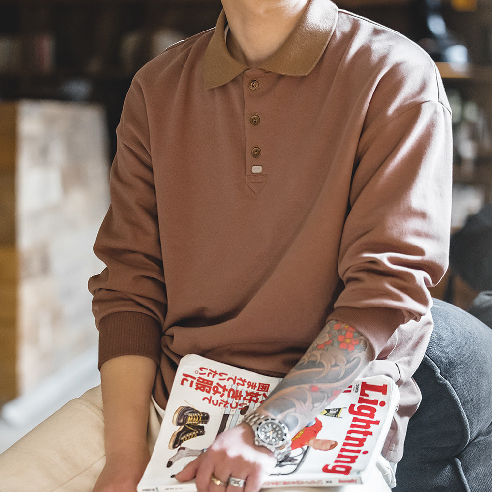復古基礎款長袖polo衫純色寬鬆百搭打底翻領T恤男秋