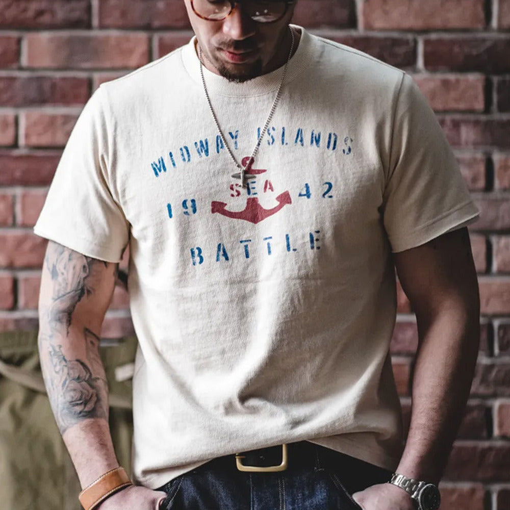 美式復古船錨印花棉籽殼短袖TEE正肩半袖字母圓領T恤