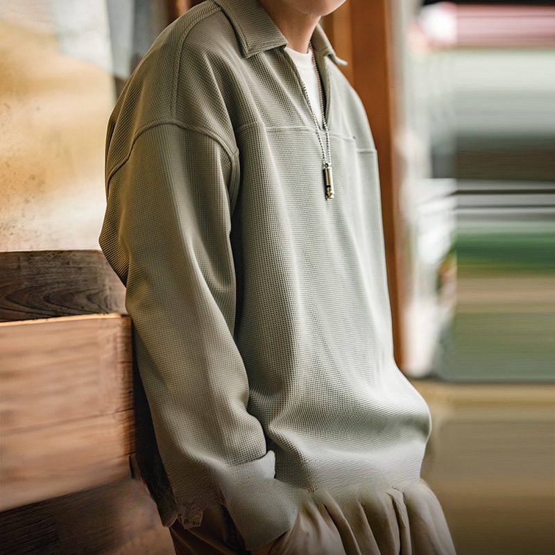 復古華夫格V領polo衫衛衣寬松套頭百搭翻領上衣