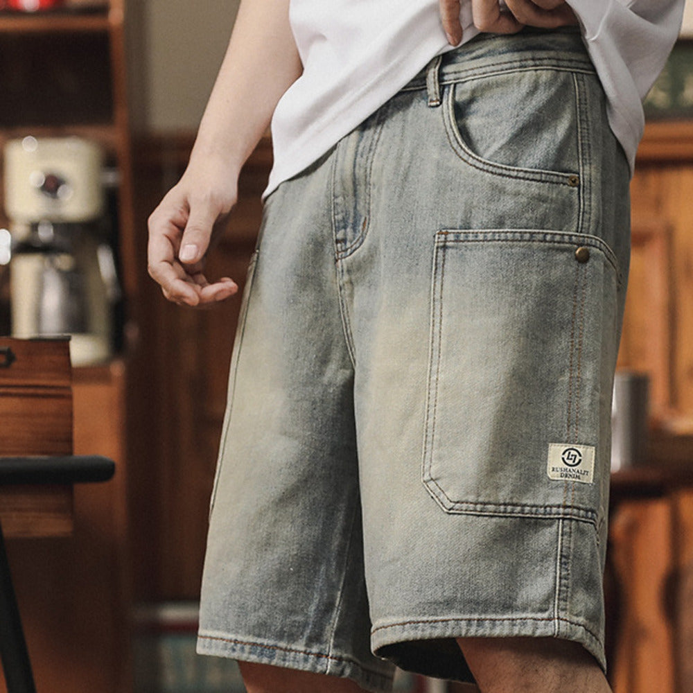 五分褲男夏季多兜工裝牛仔短褲寬松直筒美式復古休閑2024新款中褲