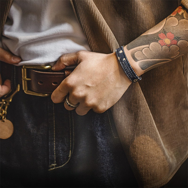 復古boro百家布拼接手環黃銅頭層植鞣牛皮手镯配飾品